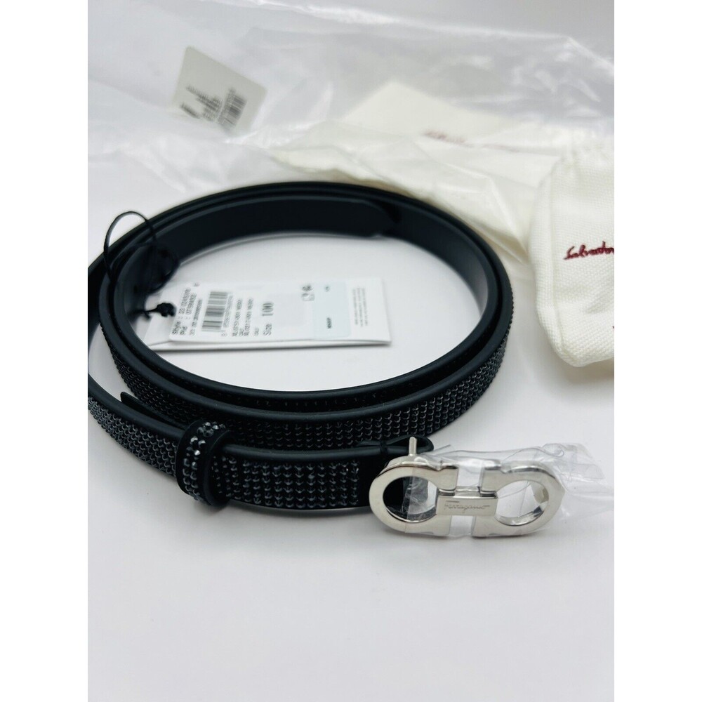 Salvatore Ferragamo Gancini Crystal-Embellished Black Nero Leather Belt  $580